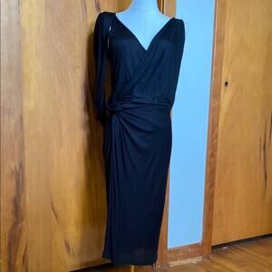 Poleci | Black Dress Grecian Toga Draped w/ Knot One Shoulder Caped Viscose - L